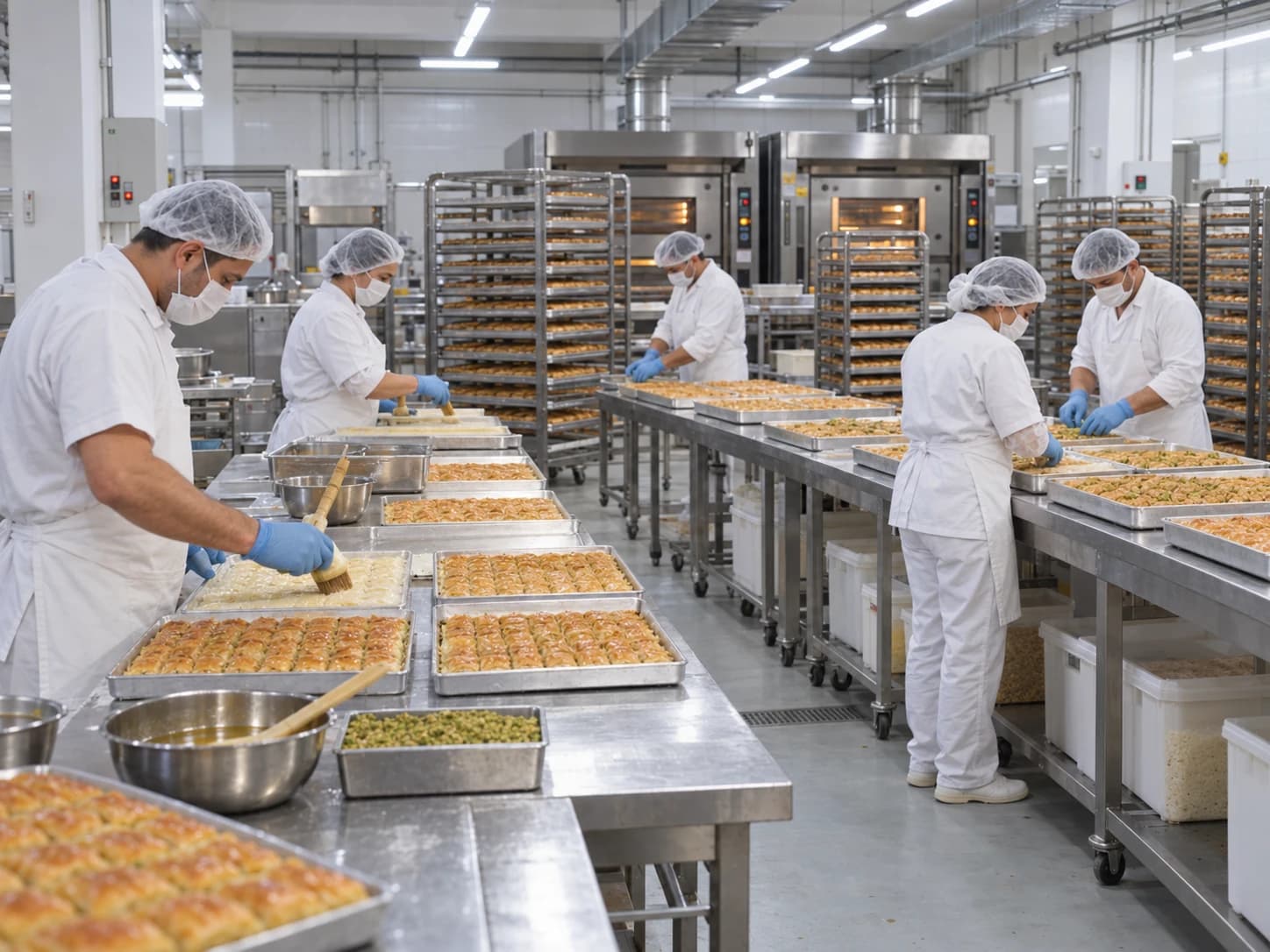 Tatlı fabrikasında ekip hâlinde çalışma, üretim tezgâhları ve endüstriyel fırınlar